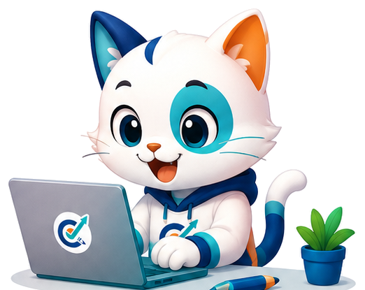 Maskot COBAIN.ID menggunakan laptop